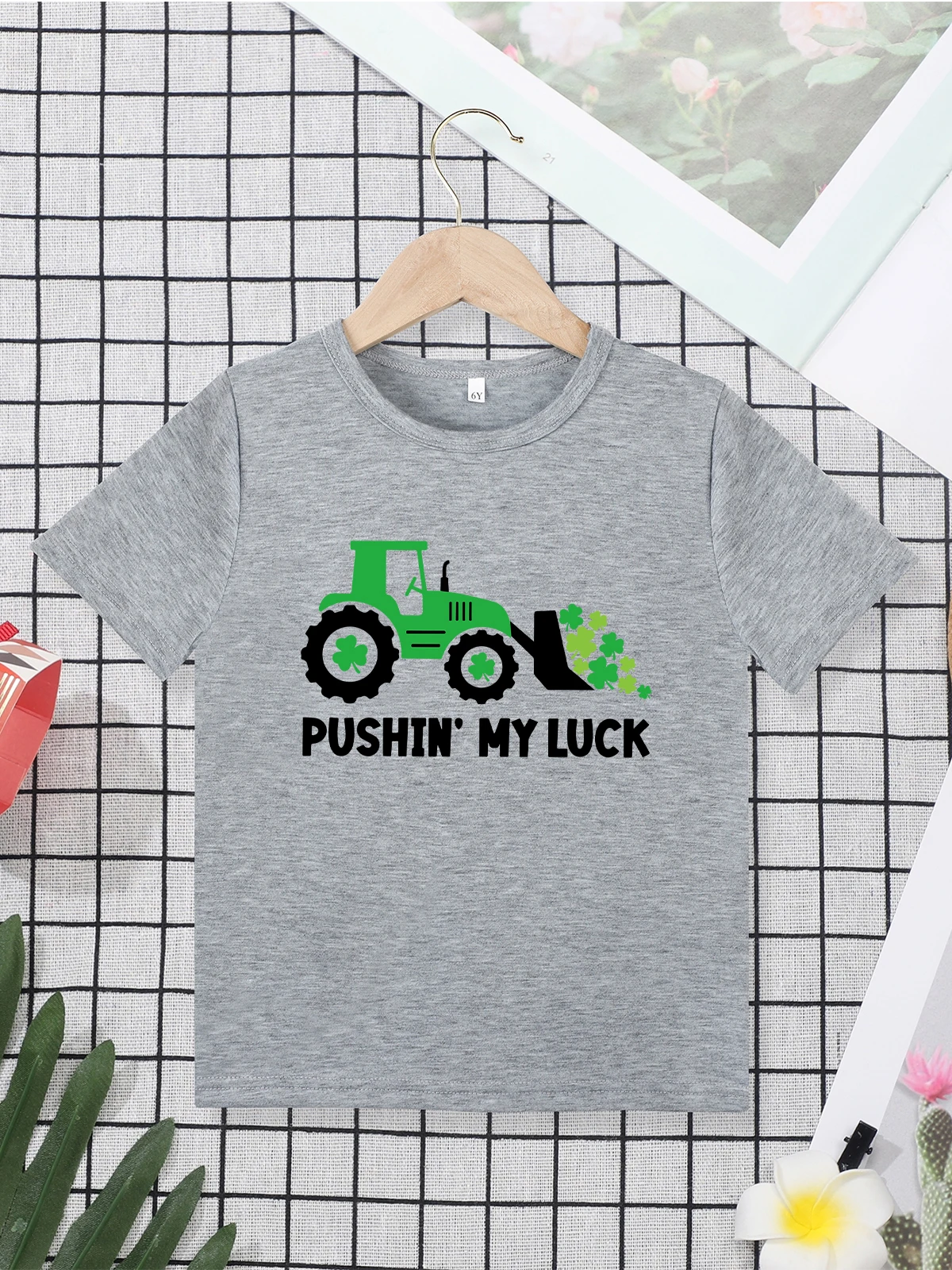 Pushin My Luck Kids T Shirt Grey Short Sleeve Basic Tops Boys Girls Street Casual Clothes Soft Comfy Home European Child Tees