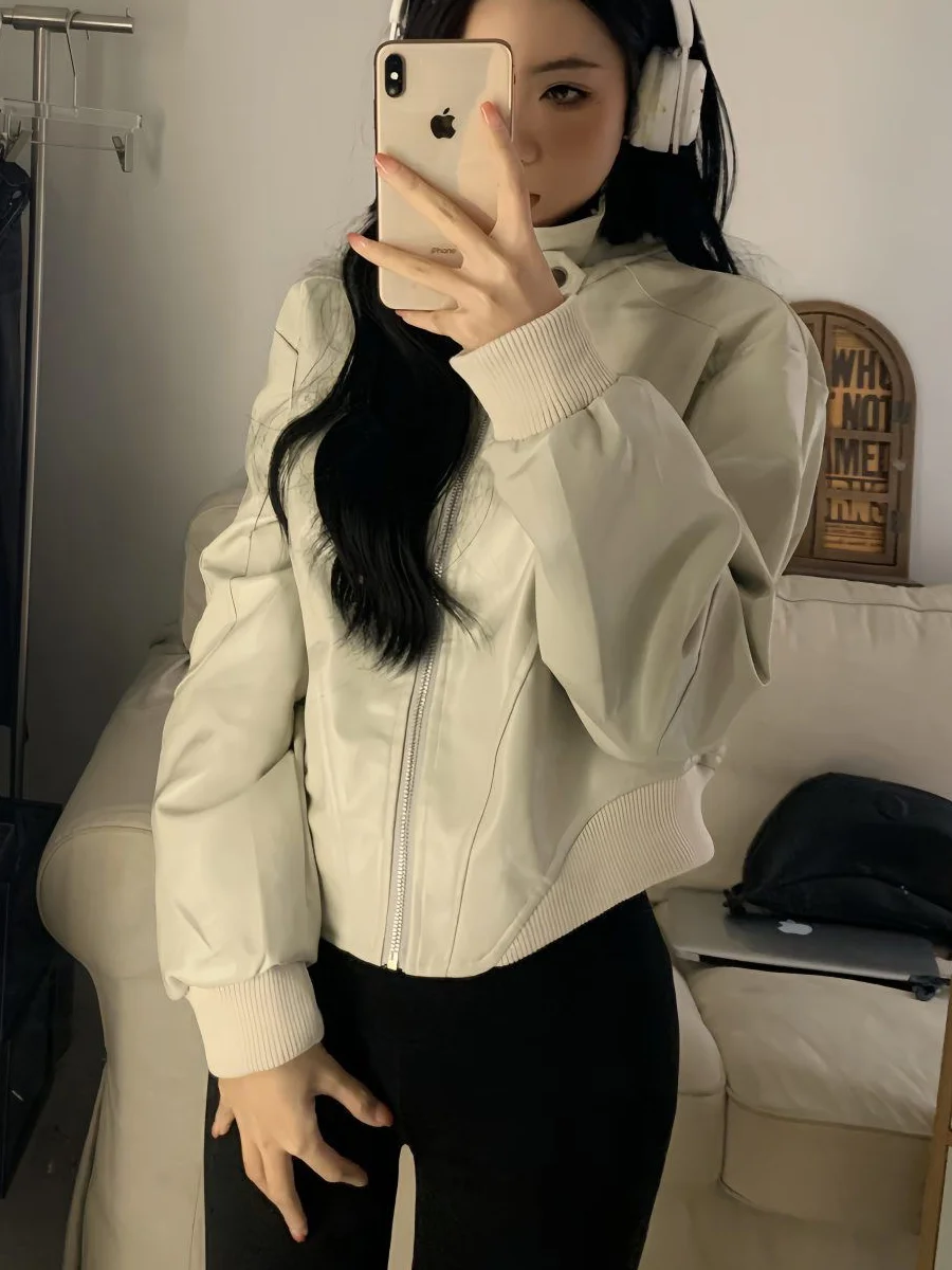 Cool Motorcycle PU Leather Jaet Women's Faion Slim Fit ort Asymmetrical High-End Feelings Autumn New Sle Top irt