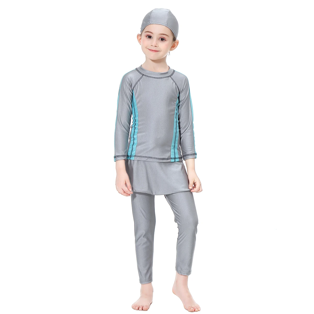 Modest Islamic Muslim Swimwear Burkini for Girls Children 2-16Y 90-160cm 3pcs/set Side Stripes Pants with Skirt Quick Dry