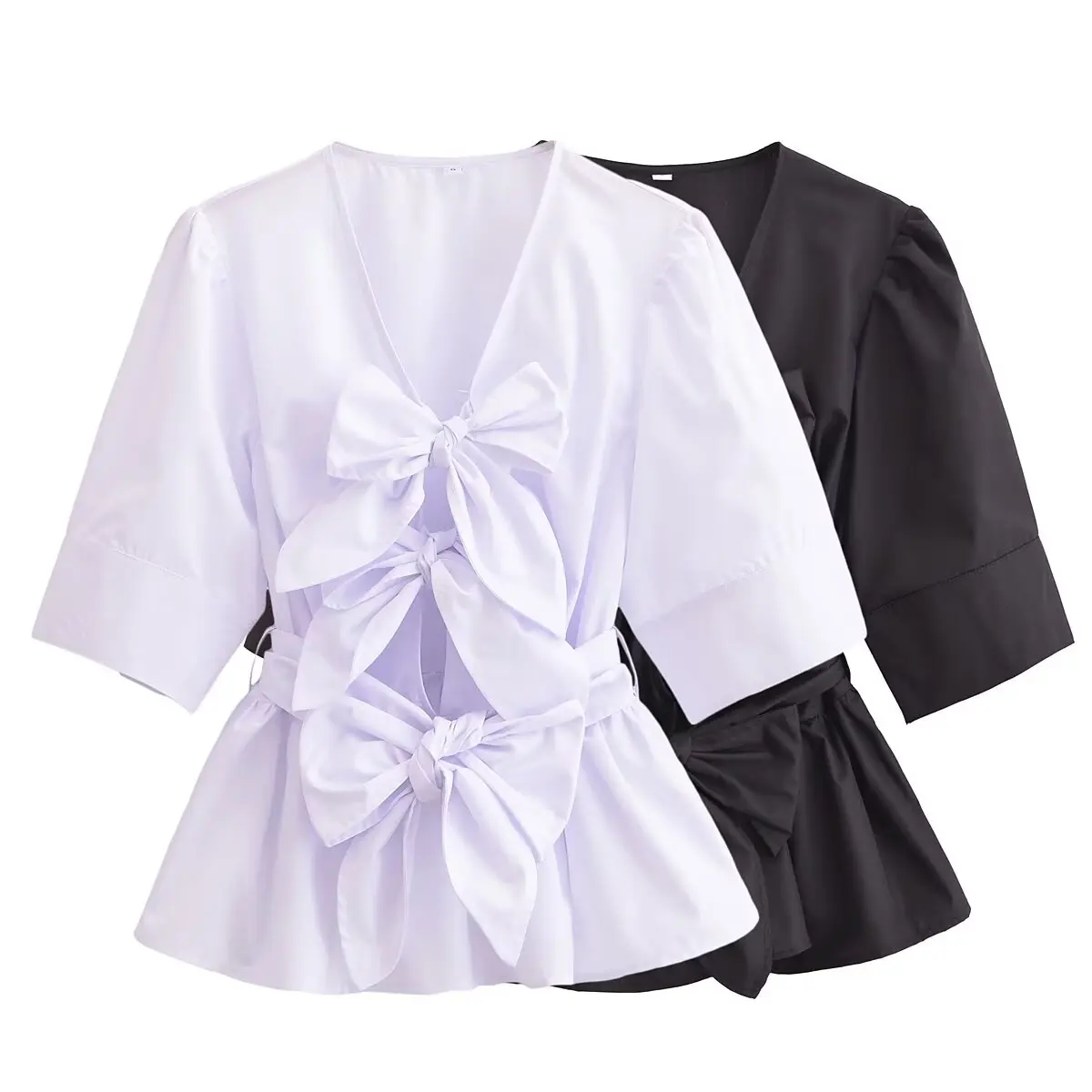 

UNIZERA women's fashionable and versatile two-color V-neck lace up lantern sleeves summer new style shirt with temperament
