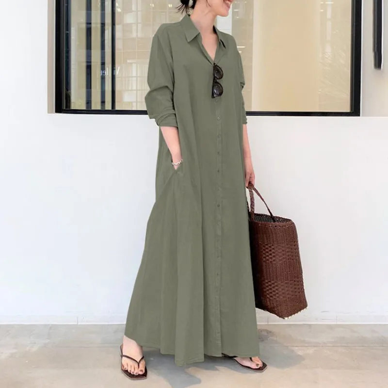 Vestido de Mujer Retro Holgado con Solapa, Estilo Primavera-Verano, Elegante y Casual, de Algodón y Lino, Nueva Moda 2026, H812