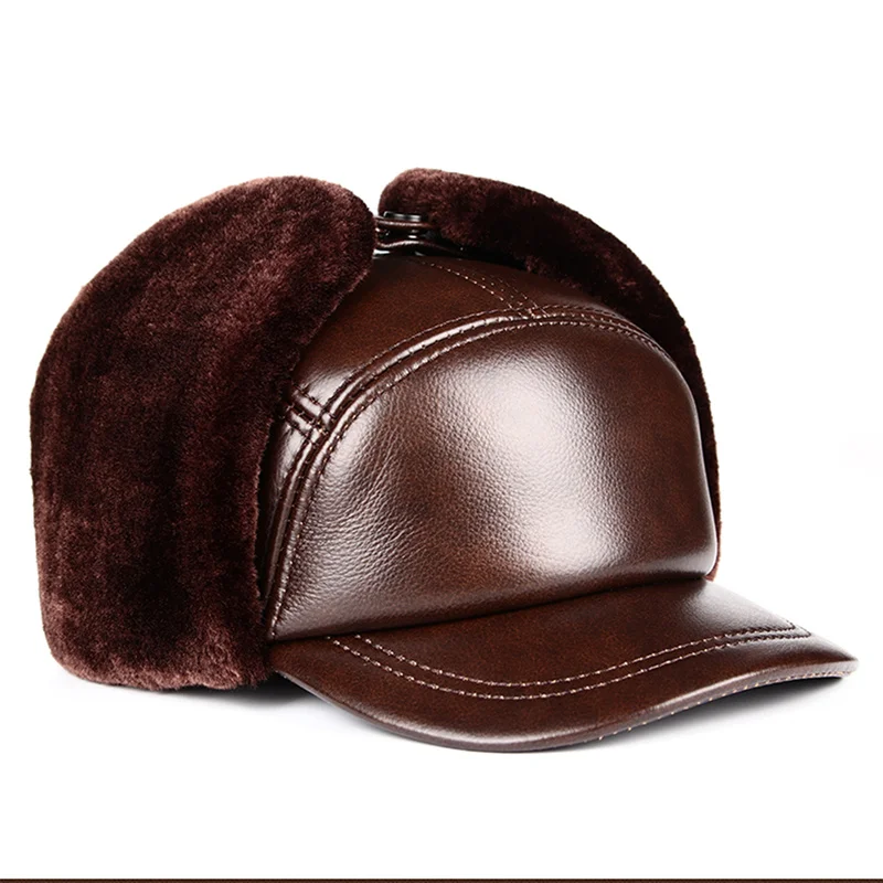 Winter Warm Baseball Cap Men's Fashionable Leather Warm Ear Cap Windproof Ski Cap Thick Sheepskin Men's Cap