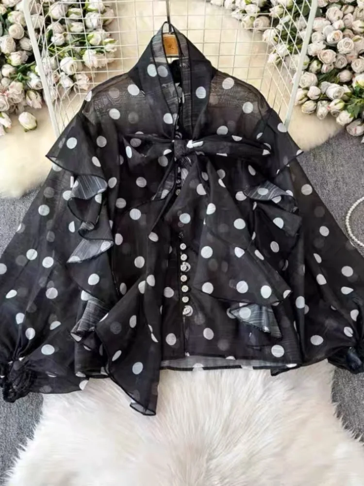 Boboho femmes à pois chemise élégante col à lacets manches bouffantes chemisier transparent femme élégante tenue de fête T-shirt