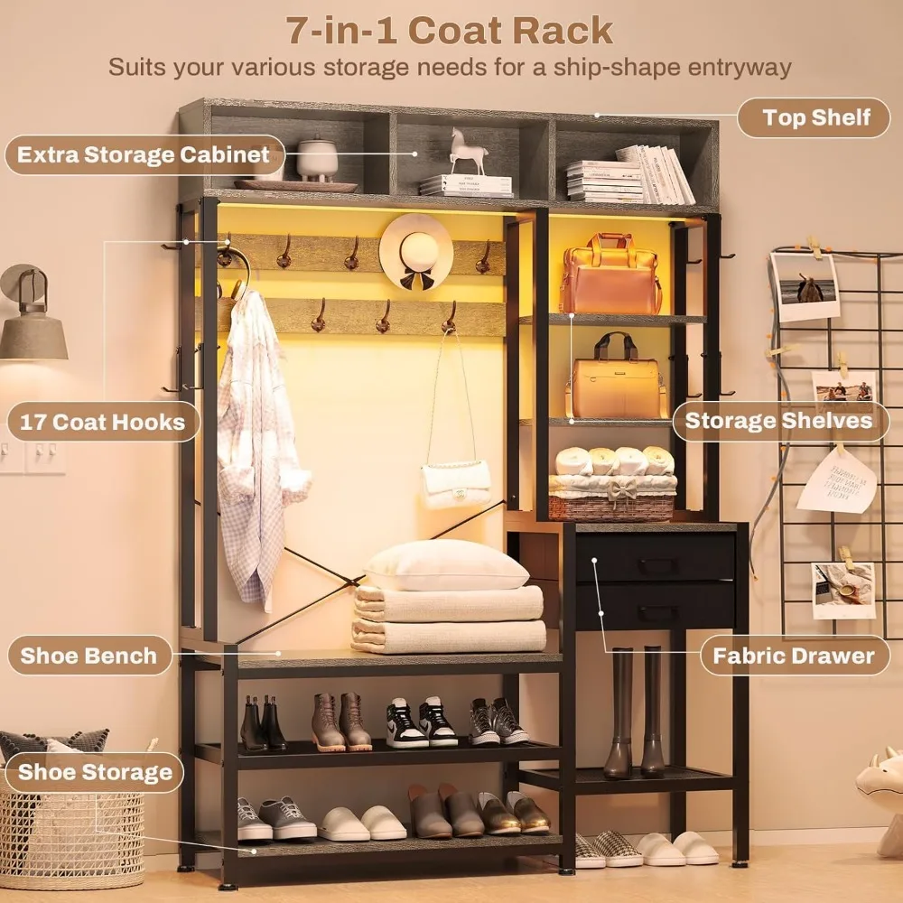 مقعد مدخل متعدد الوظائف 7 في 1 مع مساحة تخزين الأحذية ورف المعاطف وأرفف المكعبات و17 خطافًا للتنظيم