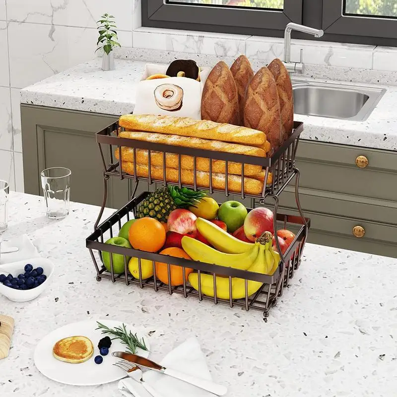 

2 Tiers Fruit Basket Metal Fruit Bowl Bread Baskets Countertop Vegetable Storage Stand For Kitchen Accessories