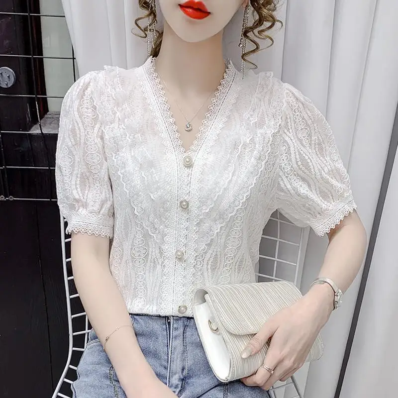 Summer Elegant Female V-Neck Short Sleeve Lace Blouse Commute Solid Color Fashion Button Spliced Slim Shirt Women\'s Clothing