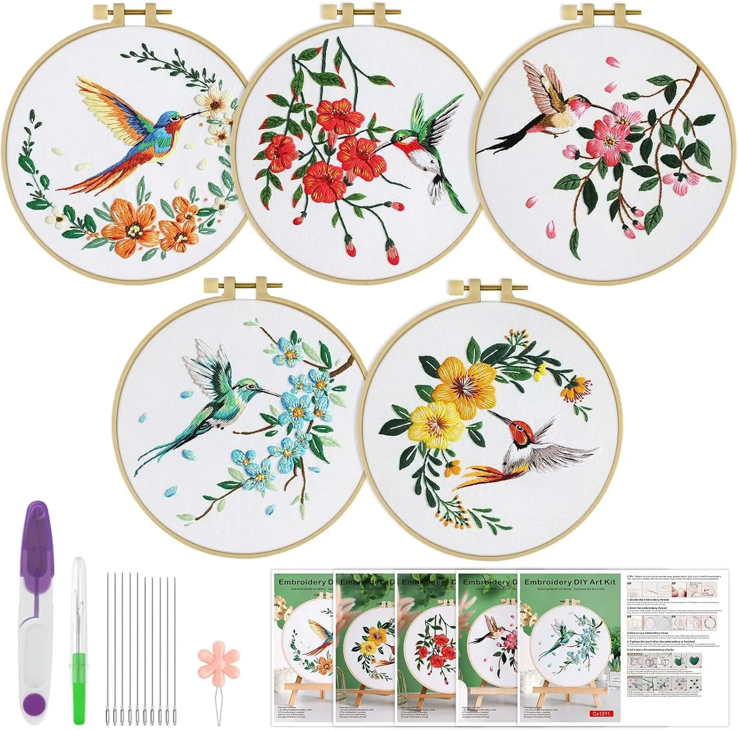 

Beginner Embroidery Kit with Hummingbird & Flower Cross Stitch, Includes Cloth Hoops Threads for Craft Lovers