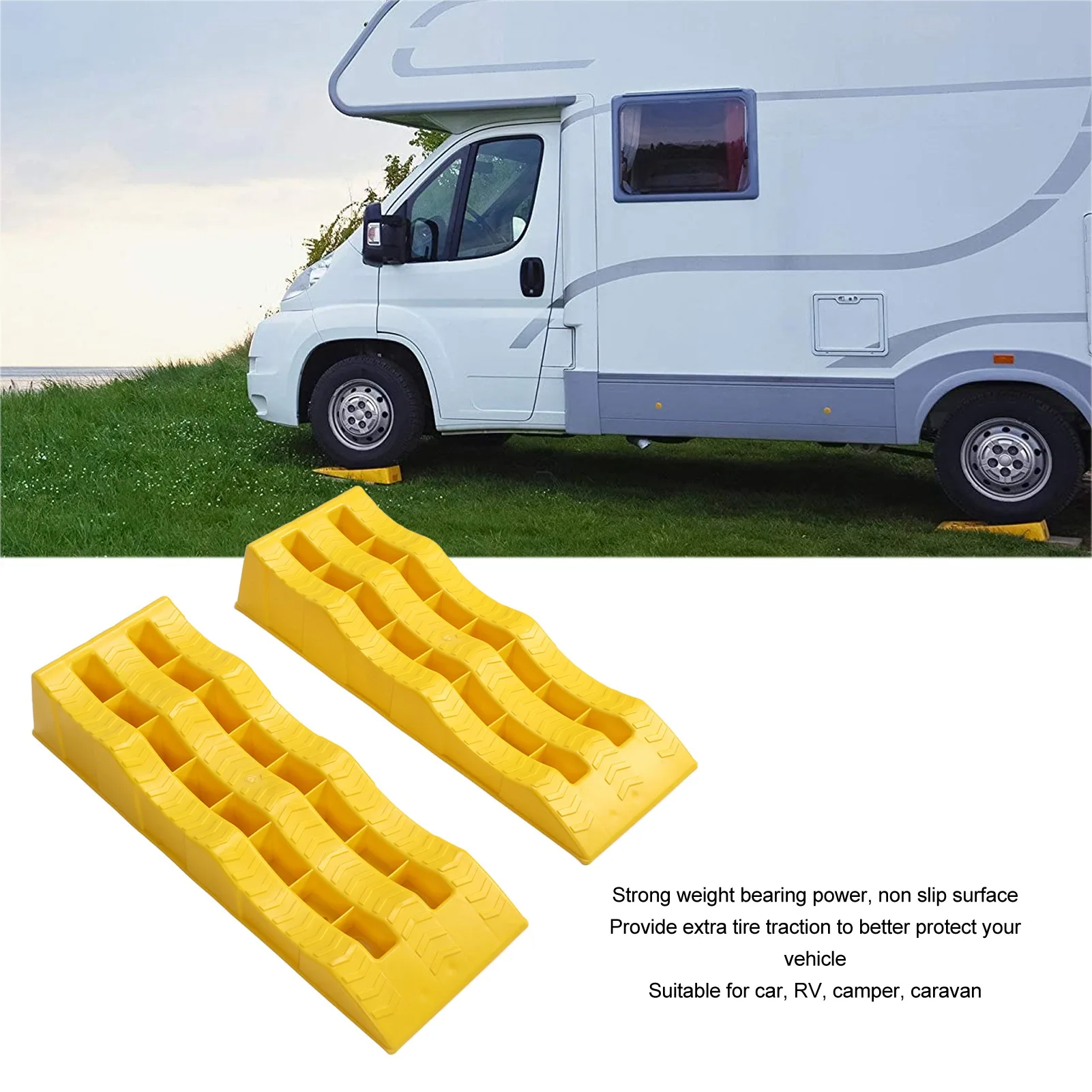 

Trailer Leveler 1 Pair RV Leveling Ramps 3 Stage Yellow Trailer Wheel Chocks for Stabilizing Uneven Ground and Parking