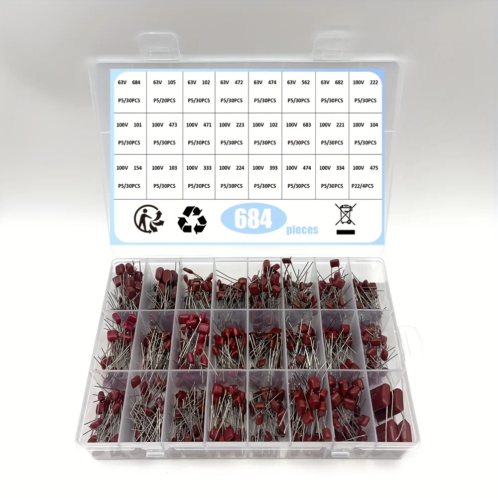 684Pcs/Lot 63V-100V 24 Value 0.001UF~2.2UF CBB Metal Film Capacitors Assortment Kit