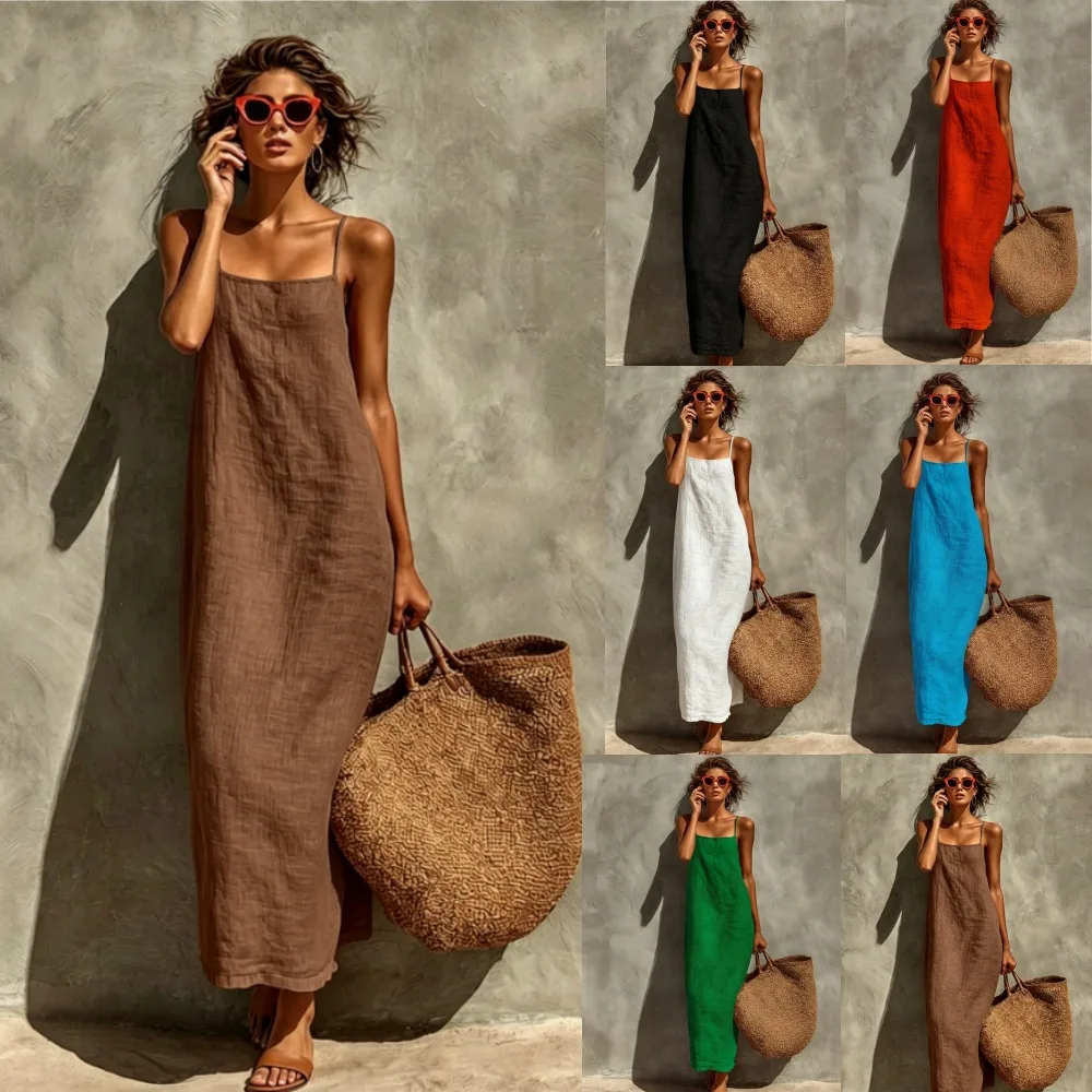 2026 Summer Women Cotton Linen Spaghetti Strap Maxi Dress Solid Color Loose Sleeveless Slip Long Dress Bohemian Beach Vacation S