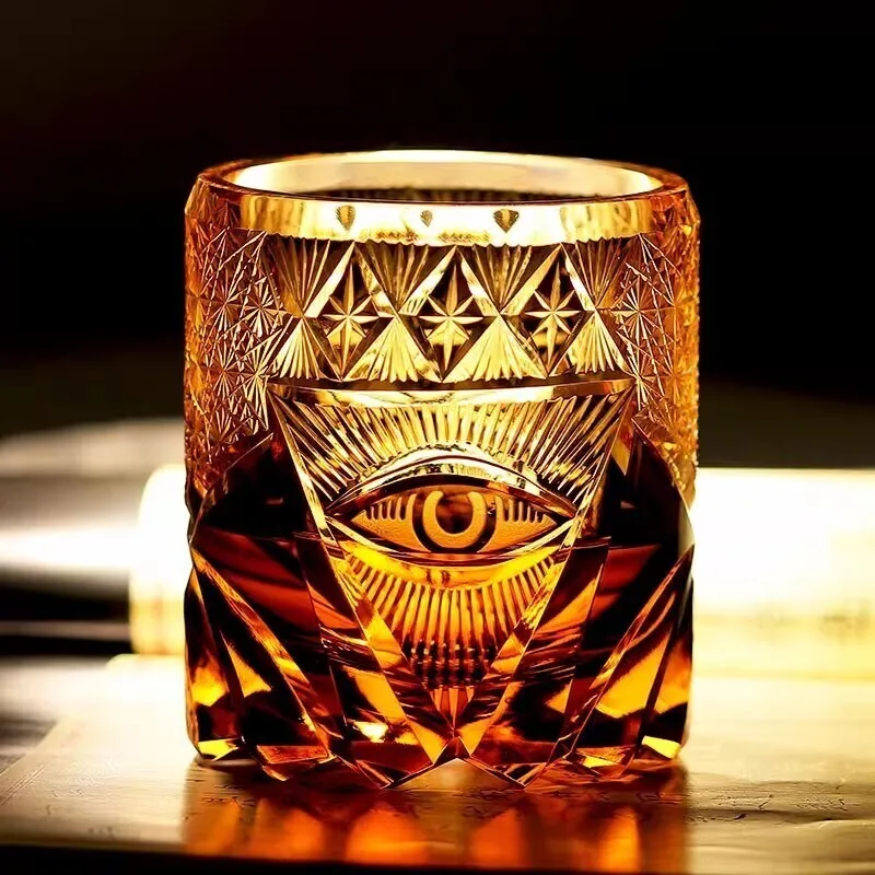 Eye Of God Edo Kiriko Wine Glass Hand Cut Amber Crystal Whiskey Cup Power Symbol High End Brandy Snifter Rock Glass For Boss