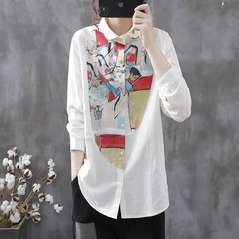 Women\'s Turn-down Collar Cardigan Single-breasted Printed Geometric Shirt Spring Autumn Casual New Long Sleeve Commute Blouses