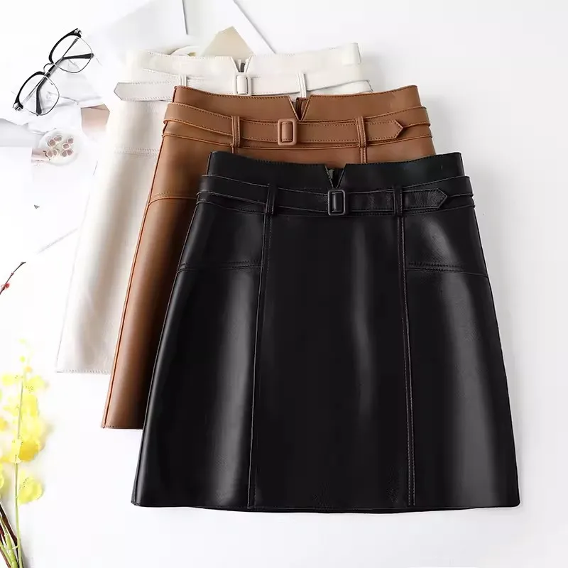 

Women's Sheepskin Short Skirts Solid High Waist Slim-fit Female Real Leather Casual Black/Brown A-line Lace-up Belt Mini Skirts