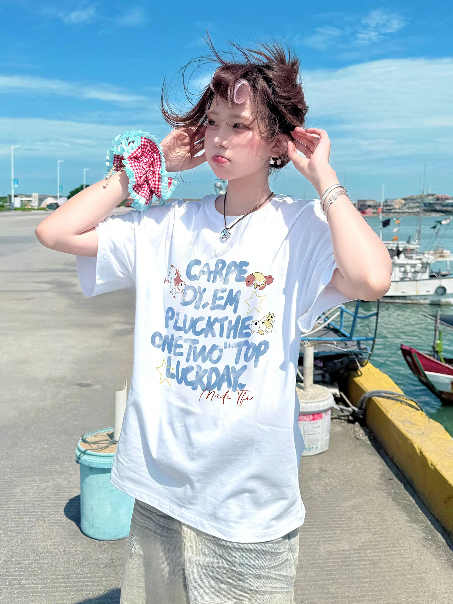 

Loose Fit Short Sleeve T-Shirt Letter Print Unisex Summer Top Half Sleeve Women's Style Commute Korean Version High Waist