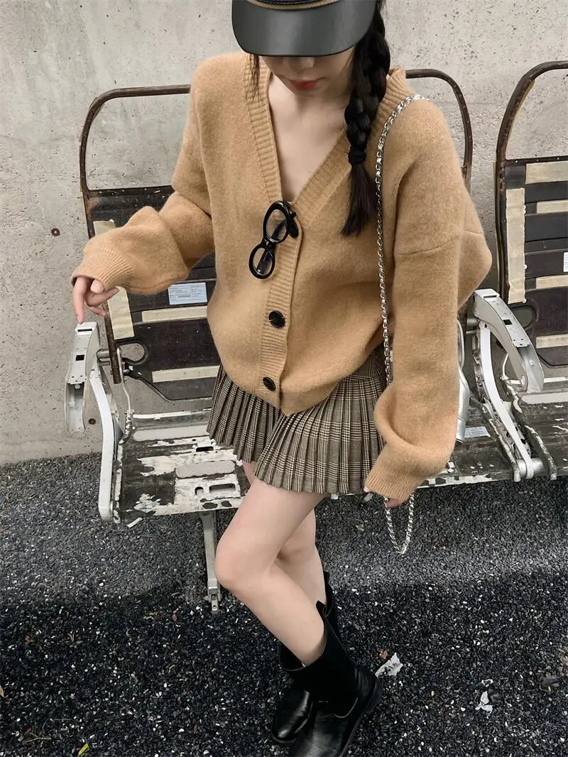 

Korean Fashion New Women Two Piece Skirt Sets Khaki Long Sleeve V-neck Loose Knitted Cardigan + A Line Plaid Mini Skirt Outfits