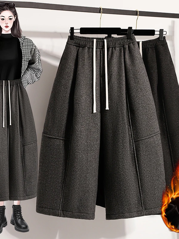 ارتفاع الخصر Dstring Fce اصطف السراويل واسعة الساق المرأة عارضة فضفاض التخسيس الخريف الشتاء السراويل للسيدات