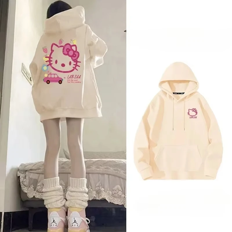 

MINISO Autumn and Winter New Loose Hello Kitty Printed Sweater Oversize Hooded Drawstring Sweater Street Fashion Versatile Top