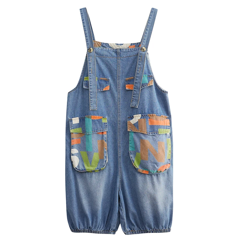 

Knee-Length Jumpsuit Jeans Women Summer Vintage Casual Loose Letter Printed Big Pocket Sleeveless Strap Denim Pants Romper s282