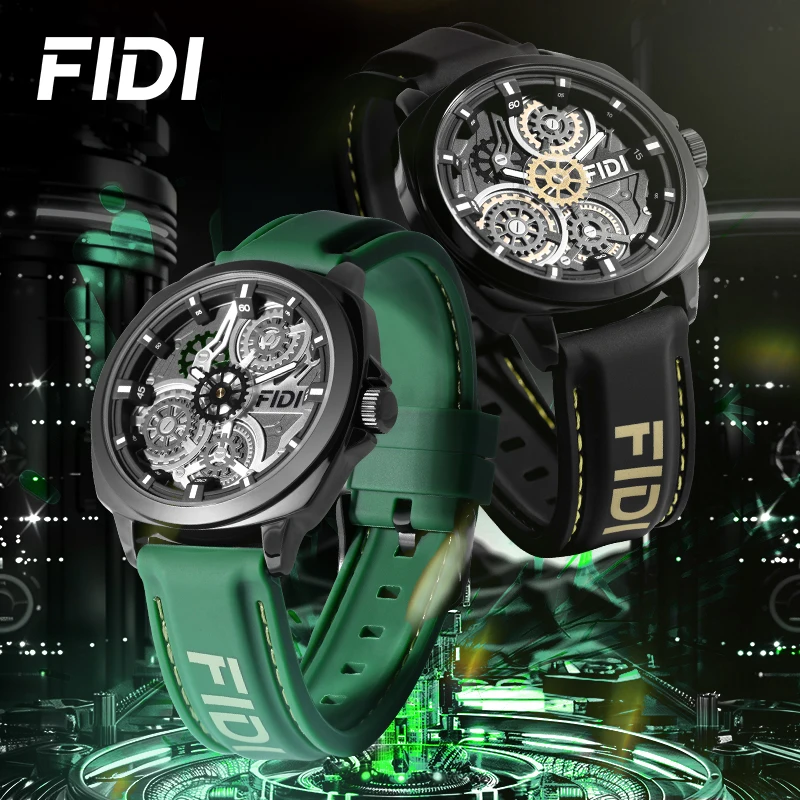 Reloj de moda FIDI para hombre, reloj de pulsera analógico de cuarzo con esfera fresca, engranaje único, correa de silicona resistente al agua, relojes de regalo para hombre FD107