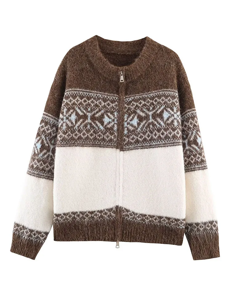 Damski zimowy sweter z dzianiny żakardowej z podwójnym zamkiem błyskawicznym, okrągłym dekoltem, modny, uniwersalny, z długim rękawem.