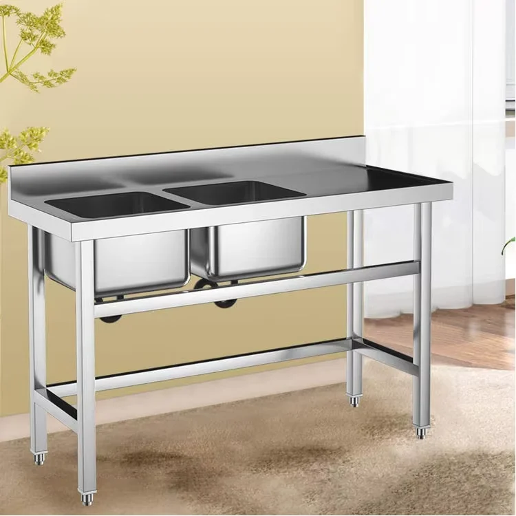 Commercial Hotel Kitchen Equipment Double Bowl Stainless Steel Sink with Work Table Square Shape and Two Holes view 5