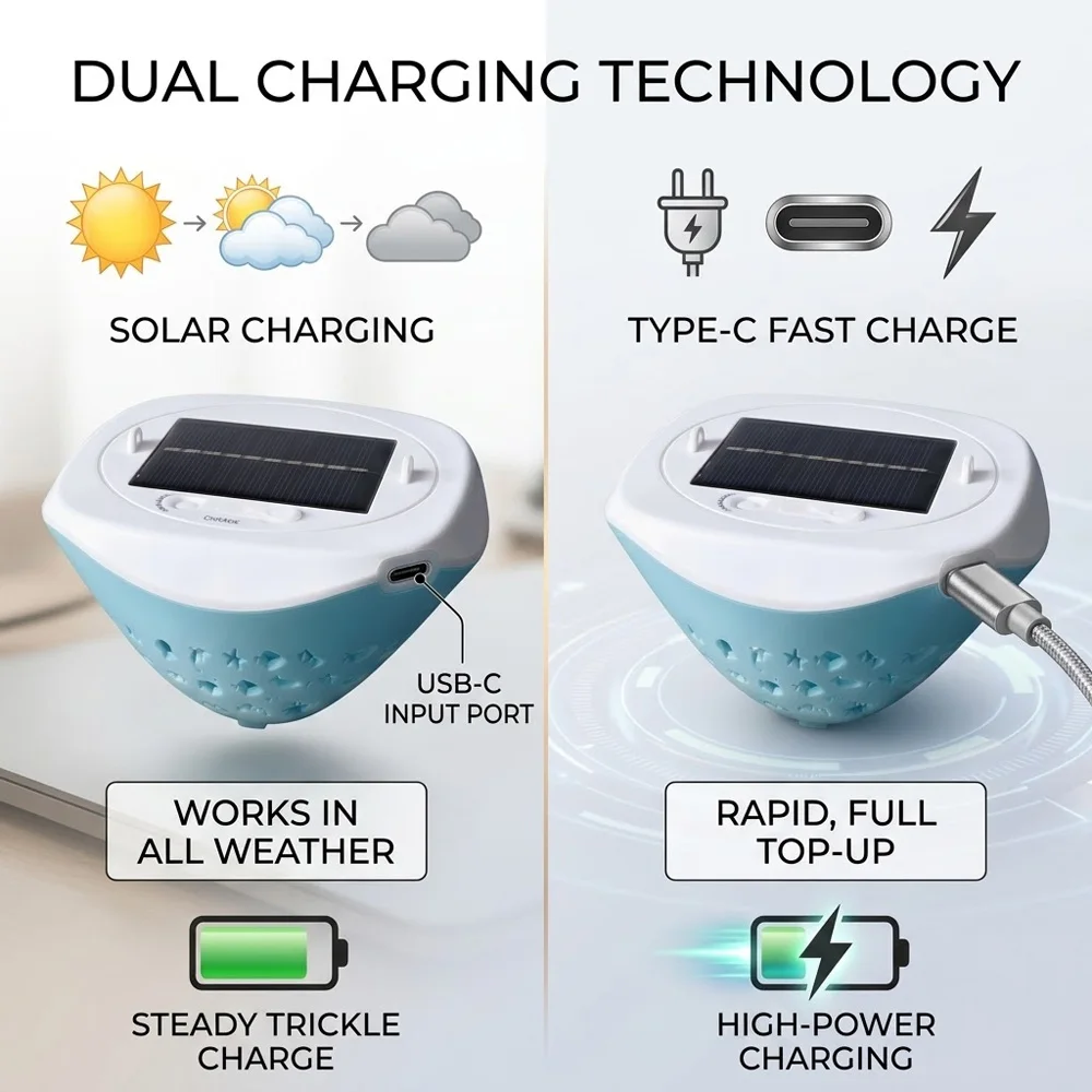 Solar Floating Pool Lights, IP67 Waterproof RGB LED Hot Tub Light with Fish Projection, Solar & Type-C USB Charging 2-in-1