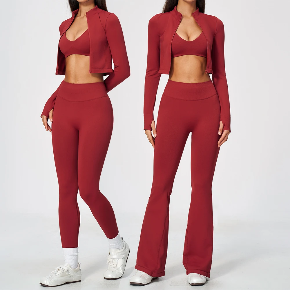 Fitness Suit Women's Seamless Yoga Set 3 Piece Set Zip Thumb Hole Jacket Bra High Waist Flare Pants Workout Shorts Gym Clothing