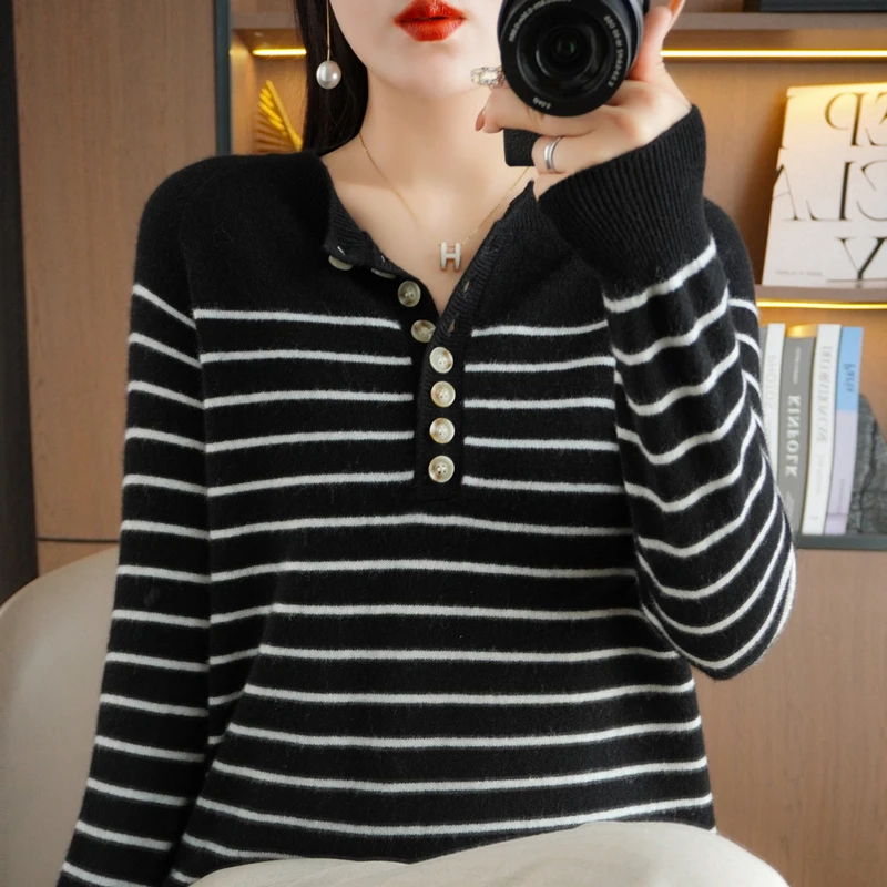 Spring And Autumn Women's Striped Two-Color Sweater Long Sleeve V-Neck New 100% Cotton Pullover Sweater For Women - SMY258