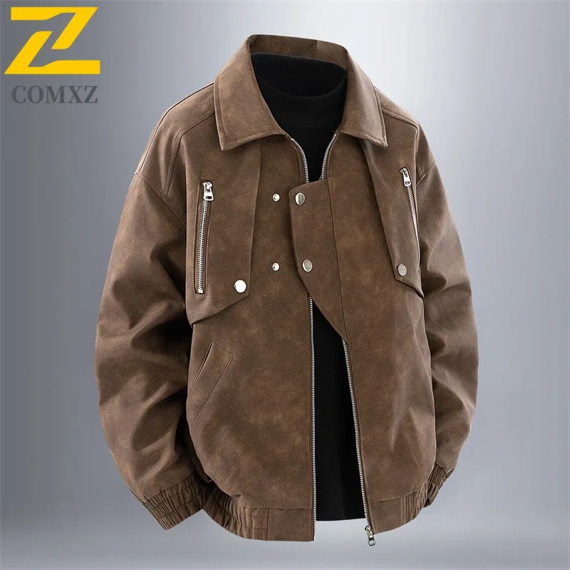 

COMXZ Men Leather Jacket Stand Collar American Style Lightweight Motorcycle Jacket Luxury Travel Lightweight Autumn New Clothing
