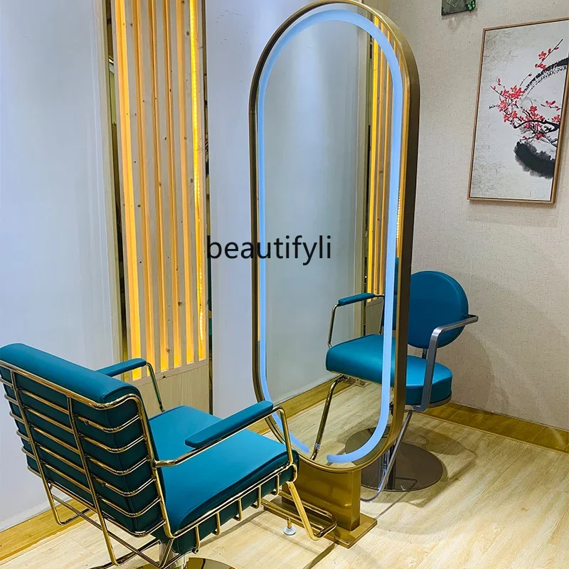 

lt Barber Shop Dressing Table for Hair Salon Hair Salon Double Mirror Single-Sided Floor with LED Mirror