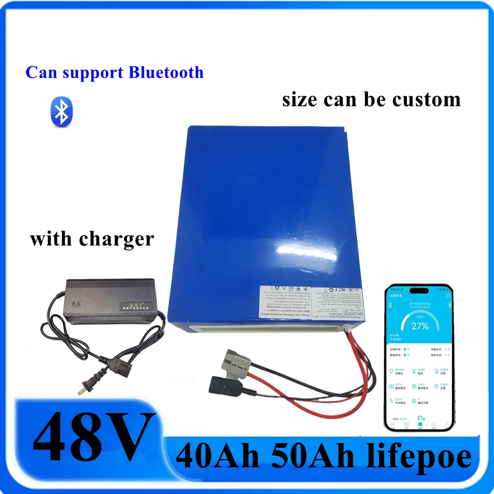 

48V 50Ah Lifepo4 48v 40AH lithium battery Bluetooth BMS APP 16S for 2000w Scooter bike tricycle boat go cart +5A charger