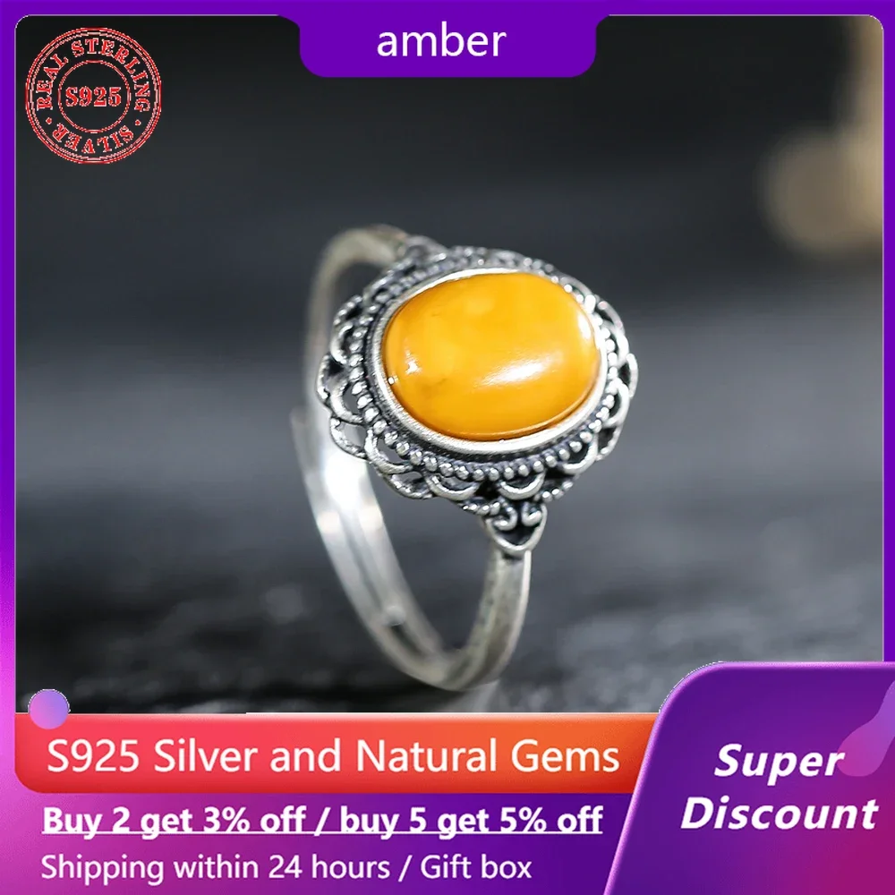 

S925 Silver Ring Vintage Amber Beeswax Women's Wedding Ring High end Jewelry Exquisite Accessories Neutral Men's Open End Ring