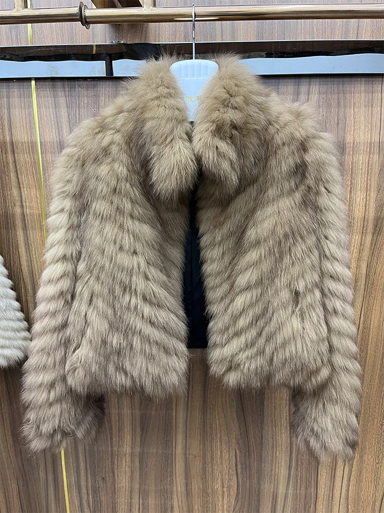 New Fashion Winter Women Real Natural Fox Fur Strip Sewed Toghter Coat Thick Warm Luxury Outerwear Jackets