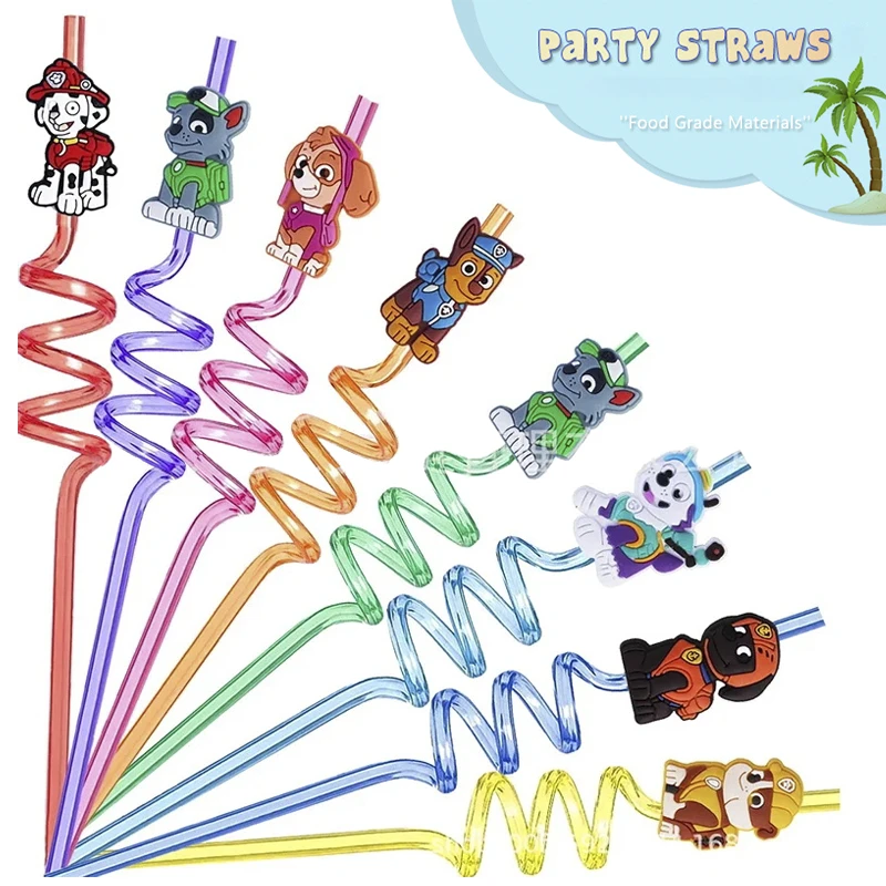 8PCS Paw Patrol Straws Cartoon Puppy Reusable Straws Birthday Party Events PVC Drinking Straw Baby Shower for Kids Holiday Gifts