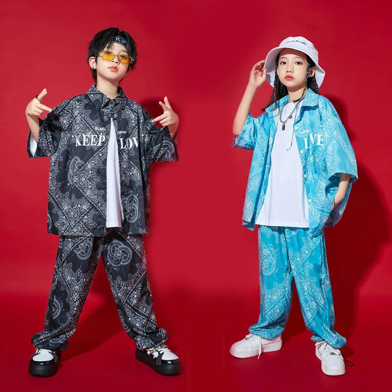 Kids Showing Kpop Outfits Hip Hop Clothing Print Shirt Tops Streetwear Sweat Pants For Girl Boy Jazz Dance Costume Clothes