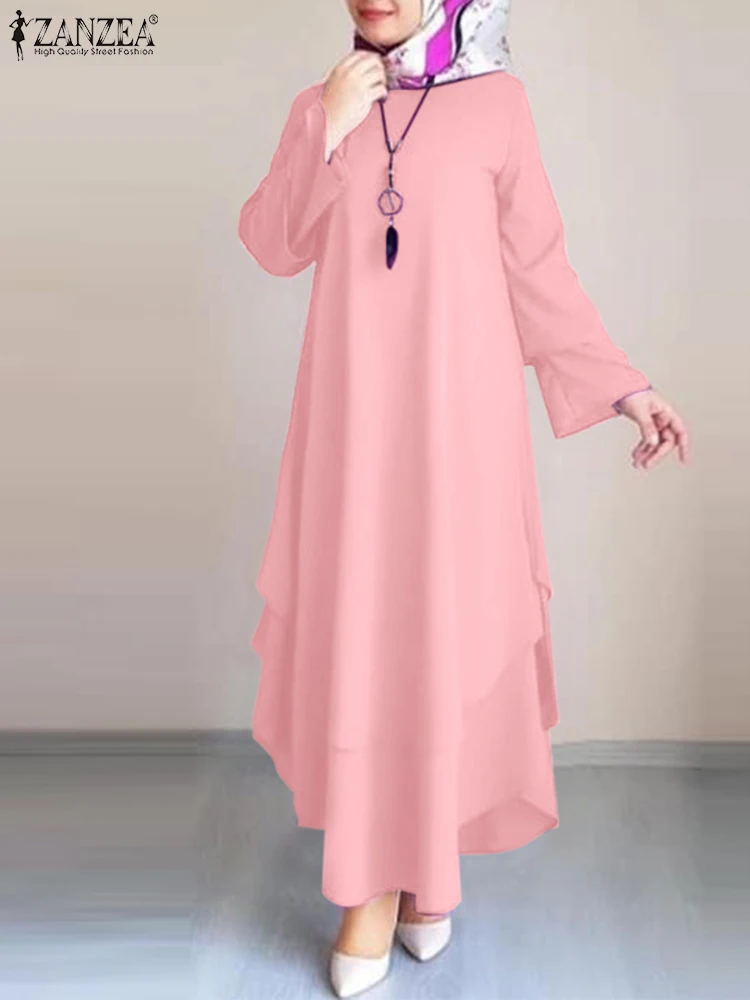 ZANZEA Elegant Women Muslim Abaya Dress Autumn Long Sleeve Solid Kaftan Sundress Robe Femme Casual Eid Mubarek Ramadan Vestido