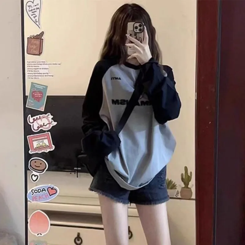 

Retro Letter Color-blocked Raglan Long-sleeved T-shirt Women in Autumn Winter Loose Cotton Bottoming T-shirt Top