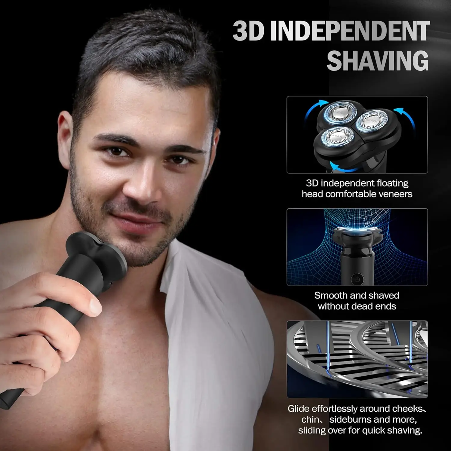 Sejoy Electric Shavers Electric Rechargeable Trimmer Razor Type-C 3D Floating Blade Washable Rotary Shaving Beard Machine