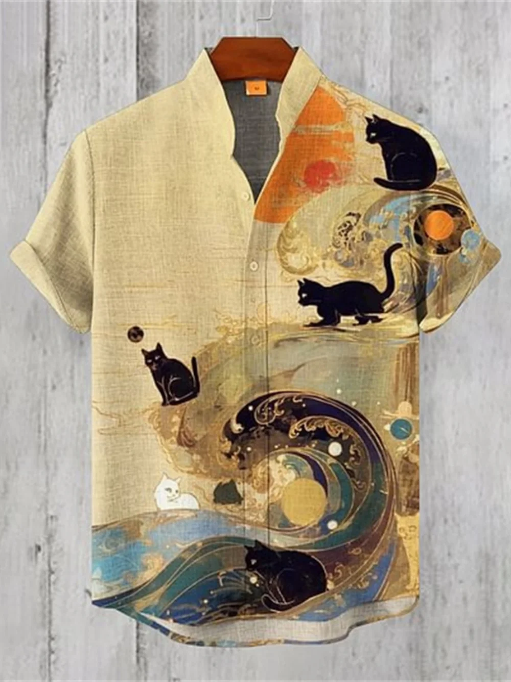 

Men's Casual Graffiti Print Linen Shirt Short Sleeve Stand up Collar plus Size Summer Vacation Fashionable Top for Men