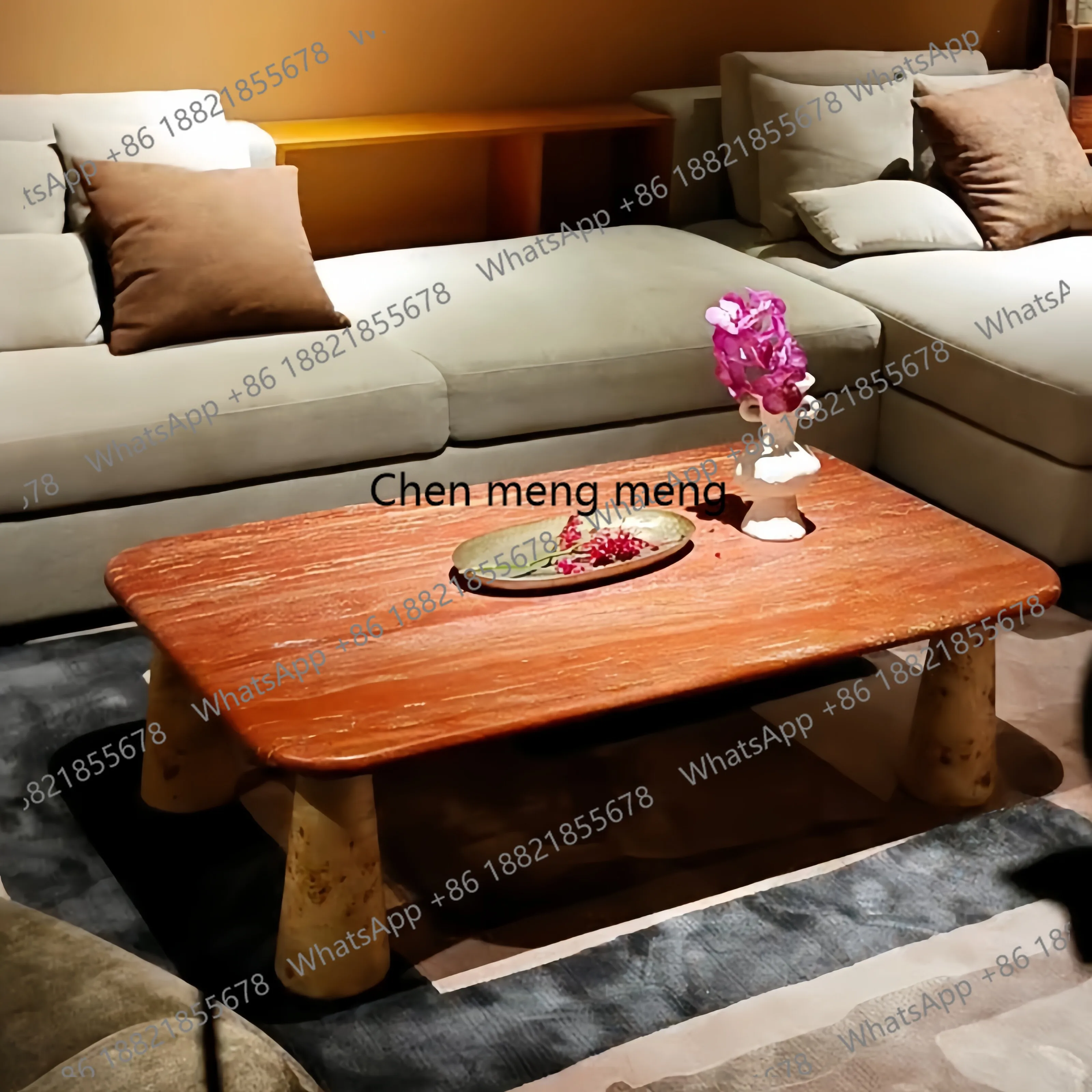 

Medieval style red travertine coffee table designer advanced sense wabi sandy wind retro tree tumor skin tea table