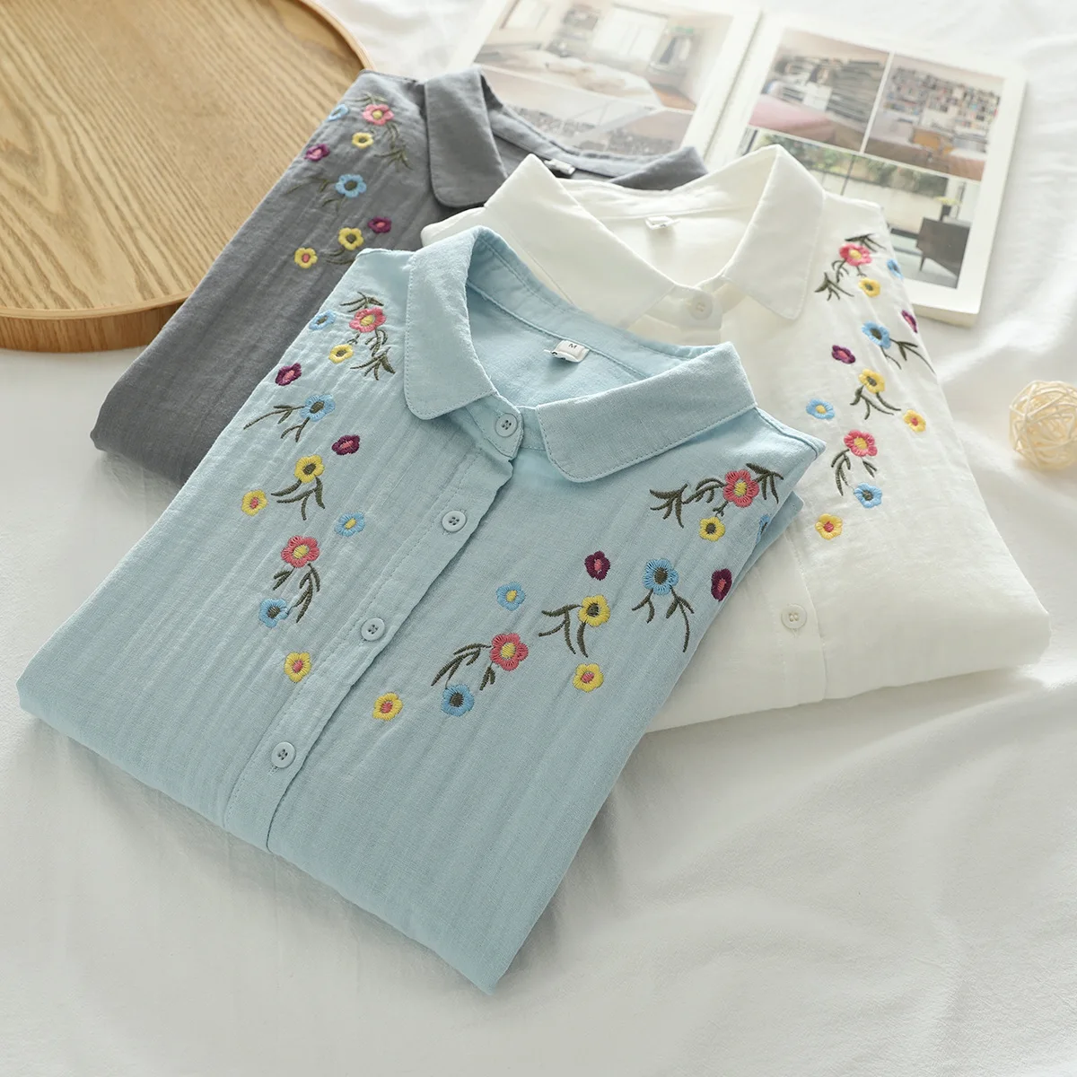 100% Cotton yarn blue women elegant shirts blouses fall clothes 2024 women Japan style flowers embroider long sleeve tops