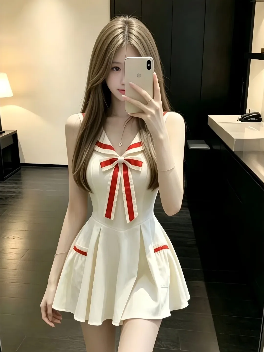 

Summer New Style Spicy Girl College Style Knot Sleeveless Dress Women's High Waist Slim A-Line Skirt French Style