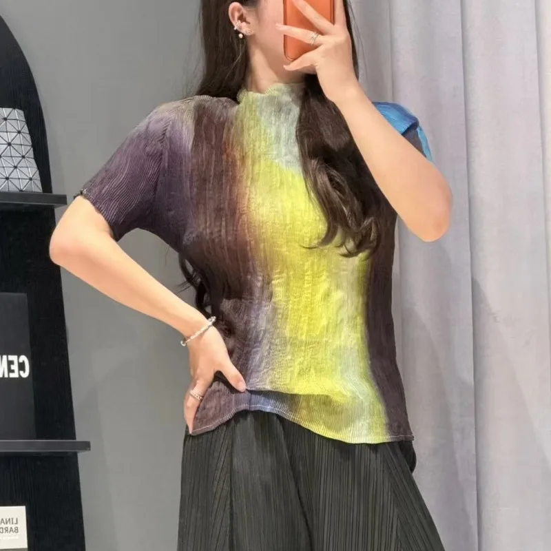 Miyake Pleated Fashion T-Shirt 2026 Summer New Printed Willow Short Sleeve Women's Lightweight Stretchy Semi-Transparent Top