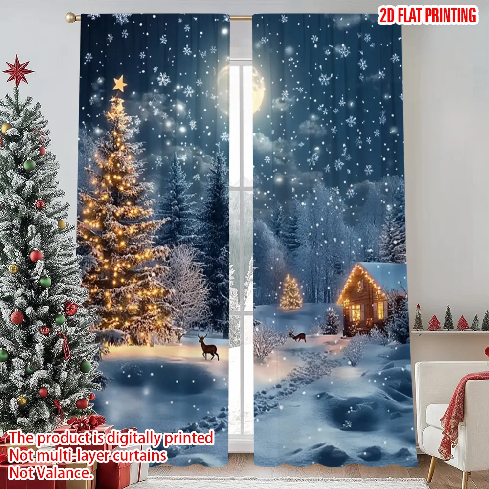 

2pcs 2D flat printing Merry Christmas Popular Drapes Snow Forest Lodge Durable 100% Polyester Fabric Without Electricity Holiday
