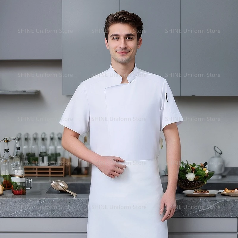 Pantaloncini da cuoco da cucina Cappotto da cuoco traspirante Giacca da ristorante a maniche corte Estate Uomo Nero Uniforme da cuoco Grembiule Abiti da lavoro Logo
