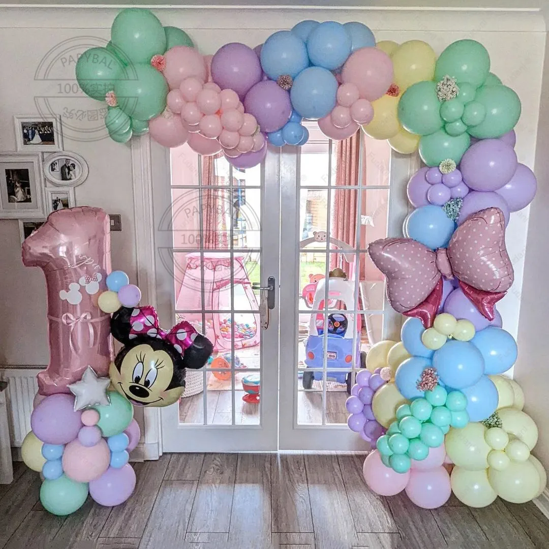 155pcs Disney Minnie Theme Balloons Arch Garland Kit Maca Pastel Balloon 1 2 3 4 5 6 7 8 9 Kids Girls Birthday Party Decorations