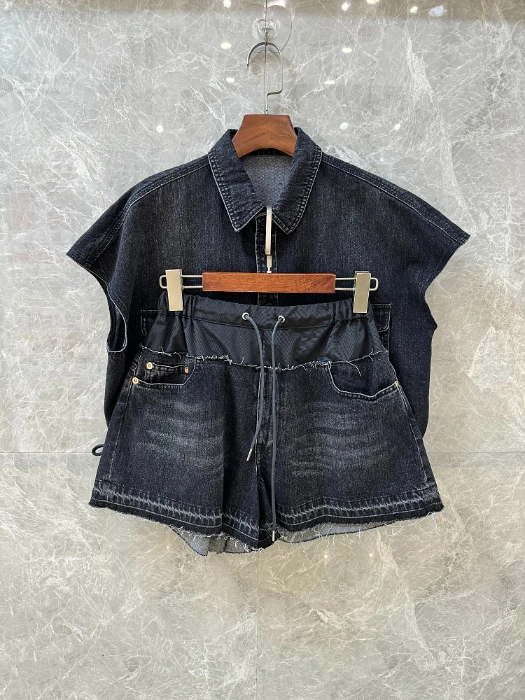 2024 Summer Fashion Women Casual New Denim Shirt Tops With Patchwork Shorts Pants Suits Sets 2 Color