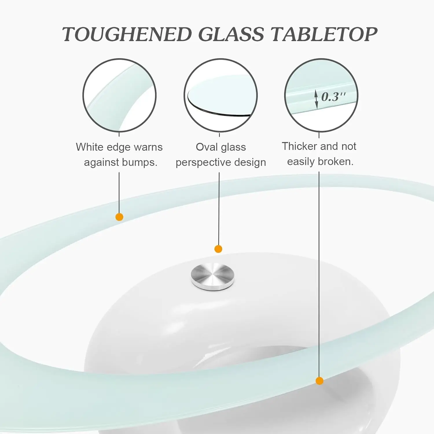 Zeitgenössischer Couchtisch aus Glas für das Wohnzimmer, ovales Glastisch-Set, Platte aus gehärtetem Glas und glänzendem, massivem Boden, Weiß