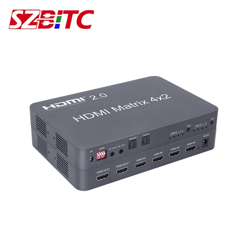 SZBITC 4K@60Hz HDMI Matrix 4x2 Video Switcher 4 in 2 out HDMI2.0 EDID with IR Remote Control Audio Optical Output For DVD player