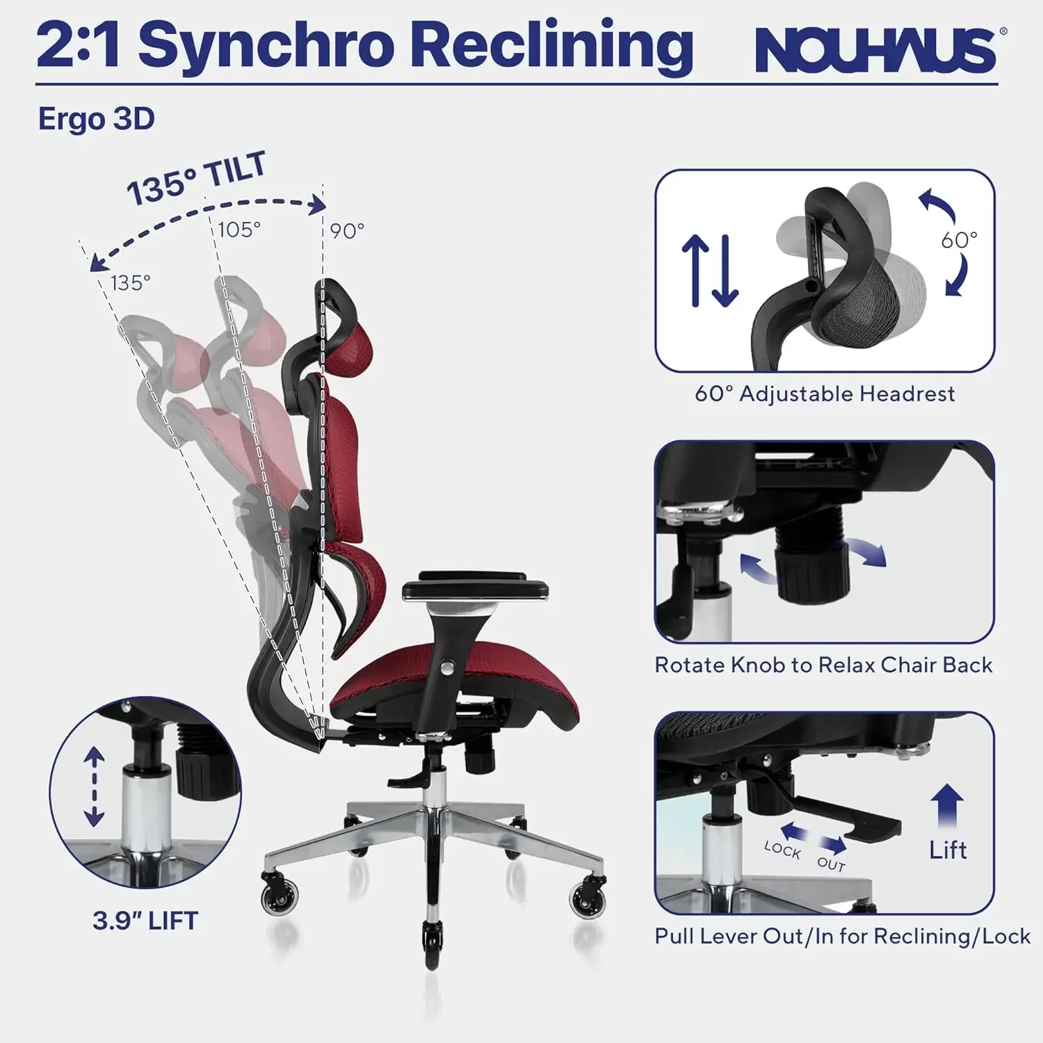 Ergonomic Office Chair  4D Adjustable Armrest, Adjustable Headrest and Wheels, Mesh High Back Home Office Desk Chairs